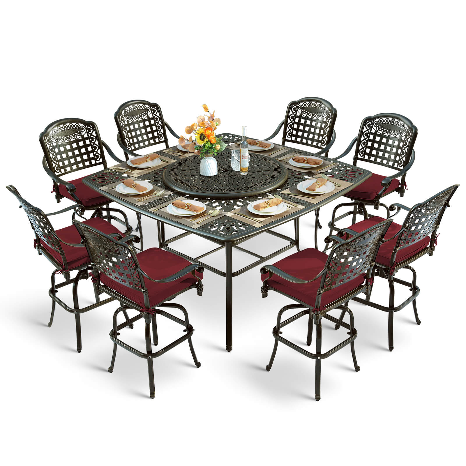 MEETWARM 10-Piece Outdoor Bar Set, All Weather Cast Aluminum High Patio Dining Set with 8 Cushioned Swivel Bar Stools, Large 64" Square Patio Bar Height Table with Detachable Lazy Susan, Umbrella Hole - Image 2