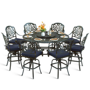 MEETWARM 10-Piece Outdoor Bar Set, All Weather Cast Aluminum Patio Bar Furniture with 8 Cushioned Swivel Bar Stools, Large 61″ Round Patio Bar Height Table with Detachable Lazy Susan, Umbrella Hole