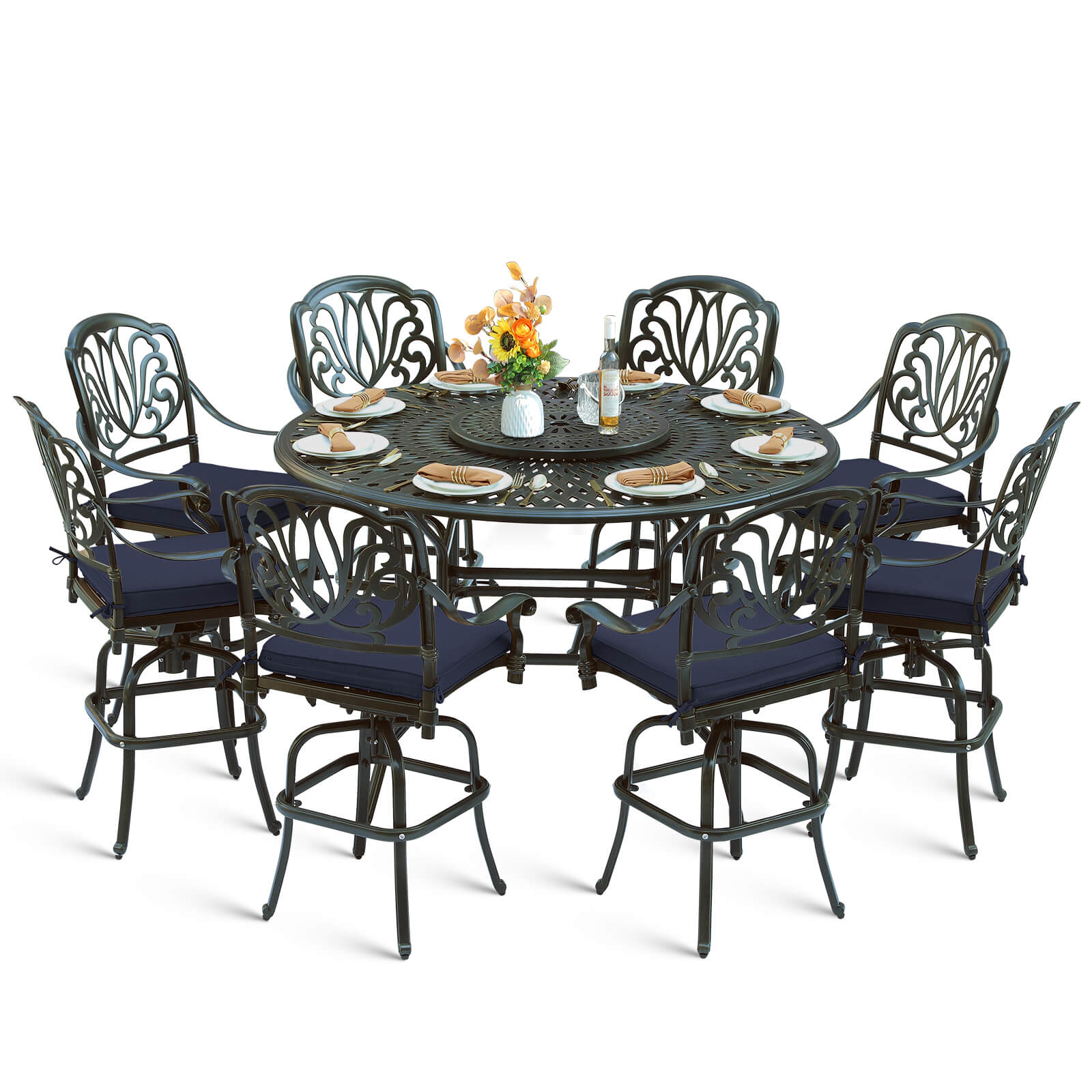 MEETWARM 10-Piece Outdoor Bar Set, All Weather Cast Aluminum Patio Bar Furniture with 8 Cushioned Swivel Bar Stools, Large 61" Round Patio Bar Height Table with Detachable Lazy Susan, Umbrella Hole - Image 1