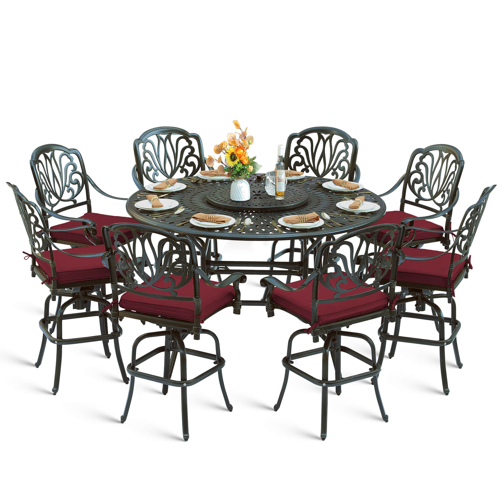 MEETWARM 10-Piece Outdoor Bar Set, All Weather Cast Aluminum Patio Bar Furniture with 8 Cushioned Swivel Bar Stools, Large 61" Round Patio Bar Height Table with Detachable Lazy Susan, Umbrella Hole - Image 2