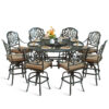 MEETWARM 10-Piece Outdoor Bar Set, All Weather Cast Aluminum Patio Bar Furniture with 8 Cushioned Swivel Bar Stools, Large 61" Round Patio Bar Height Table with Detachable Lazy Susan, Umbrella Hole - Thumbnail Image 3