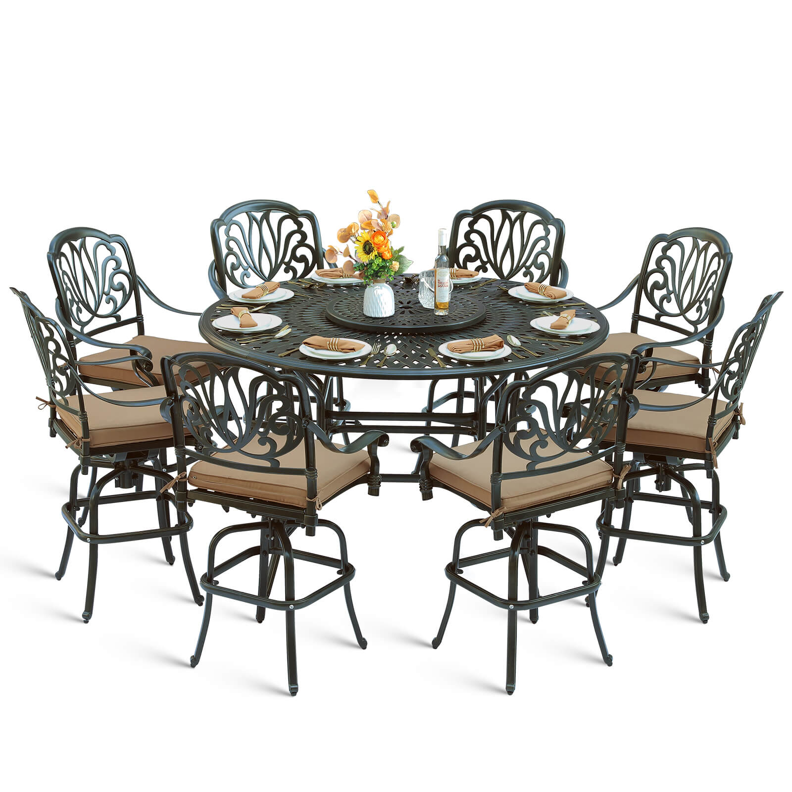 MEETWARM 10-Piece Outdoor Bar Set, All Weather Cast Aluminum Patio Bar Furniture with 8 Cushioned Swivel Bar Stools, Large 61" Round Patio Bar Height Table with Detachable Lazy Susan, Umbrella Hole - Image 3