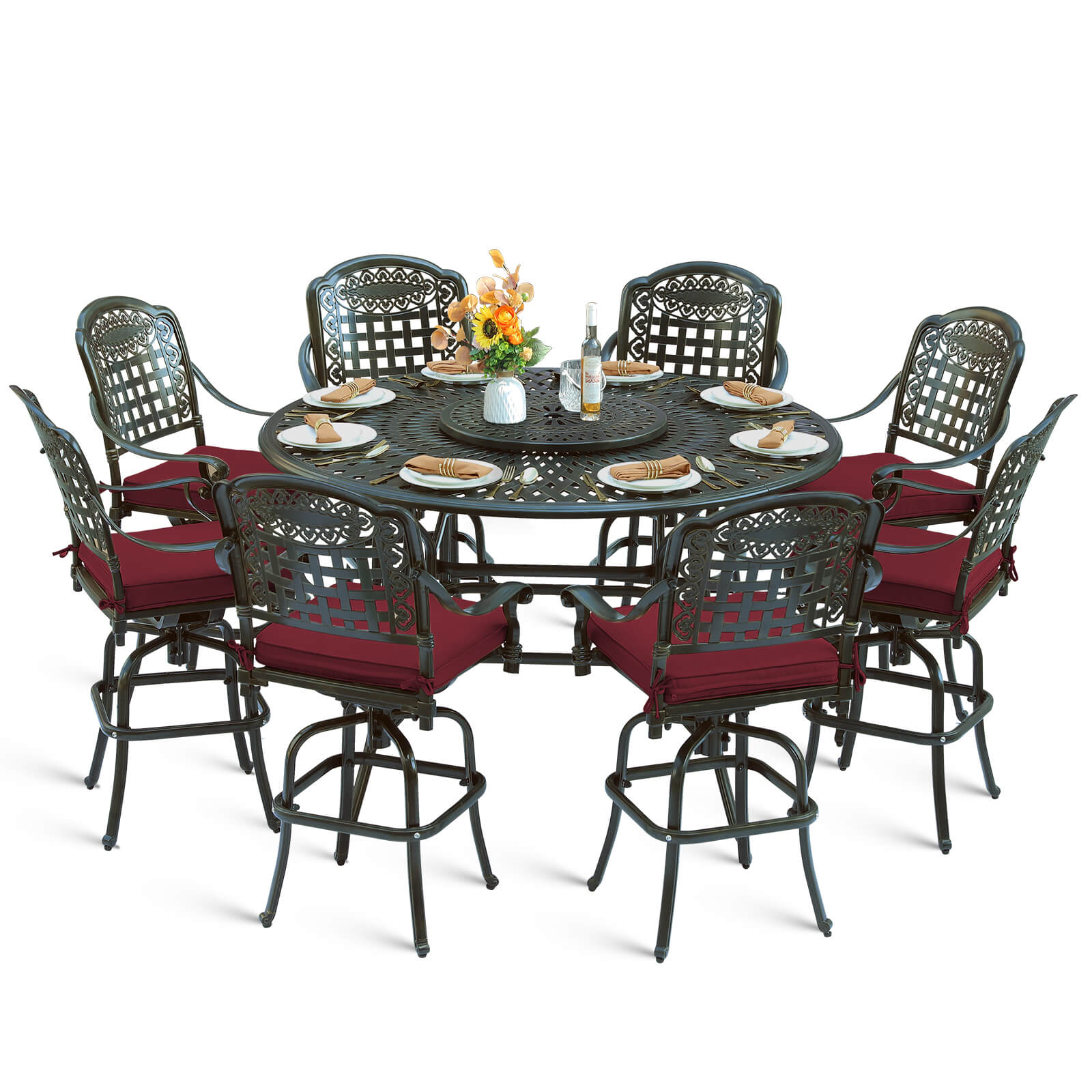 MEETWARM 10-Piece Outdoor Bar Set, All Weather Cast Aluminum Patio Bar Furniture with 8 Cushioned Swivel Bar Stools, Large 61" Round Patio Bar Height Table with Detachable Lazy Susan, Umbrella Hole - Image 1