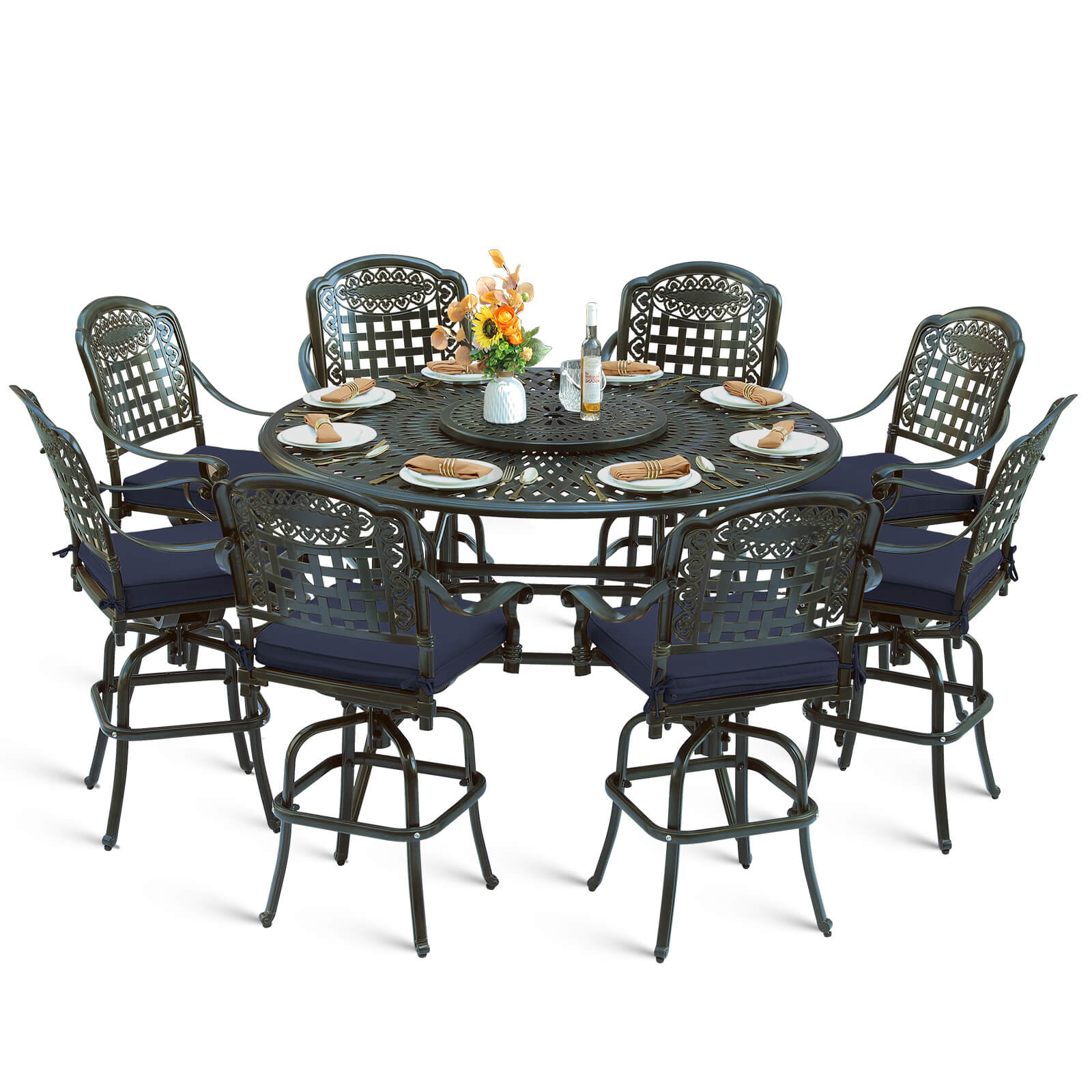 MEETWARM 10-Piece Outdoor Bar Set, All Weather Cast Aluminum Patio Bar Furniture with 8 Cushioned Swivel Bar Stools, Large 61" Round Patio Bar Height Table with Detachable Lazy Susan, Umbrella Hole - Image 2