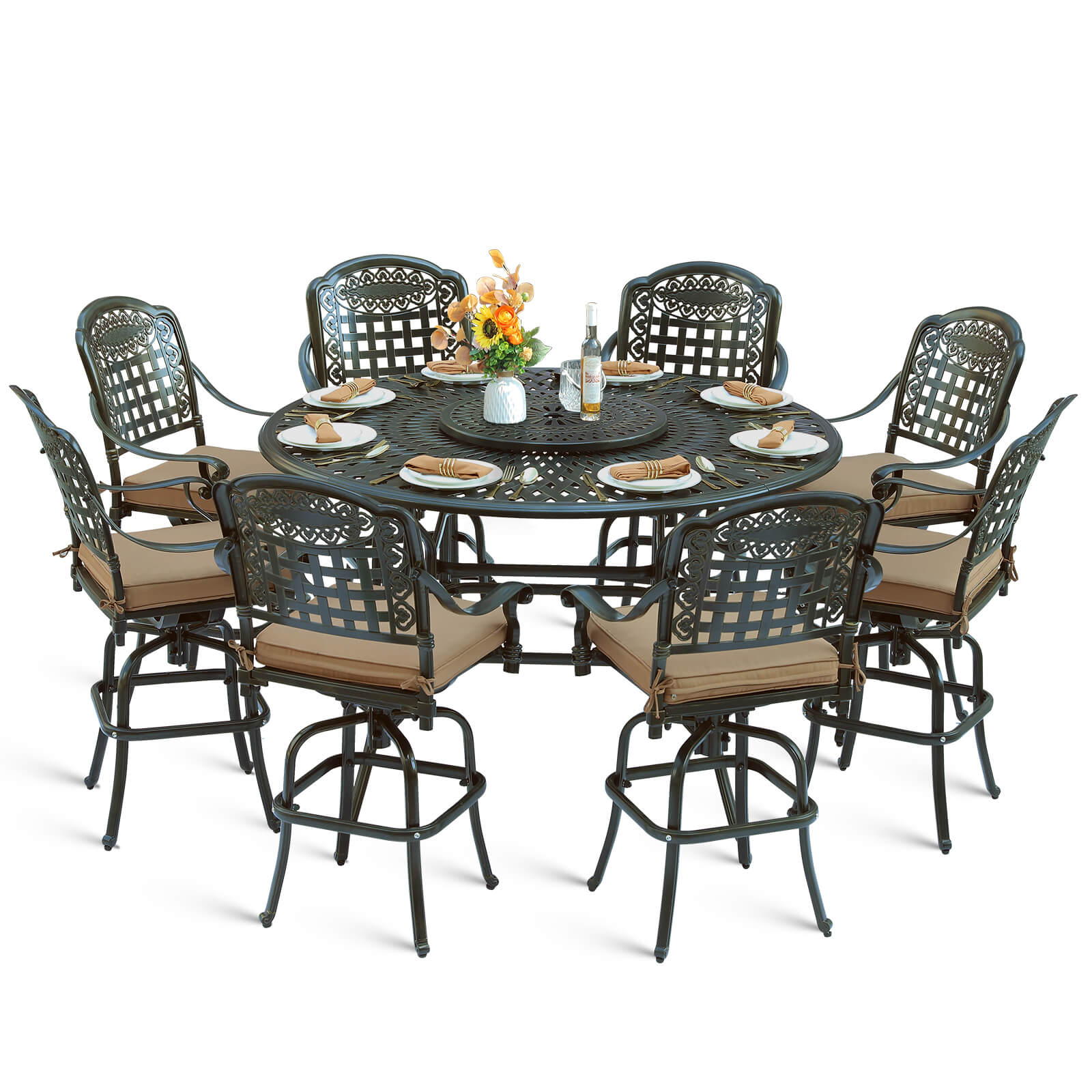 MEETWARM 10-Piece Outdoor Bar Set, All Weather Cast Aluminum Patio Bar Furniture with 8 Cushioned Swivel Bar Stools, Large 61" Round Patio Bar Height Table with Detachable Lazy Susan, Umbrella Hole - Image 3