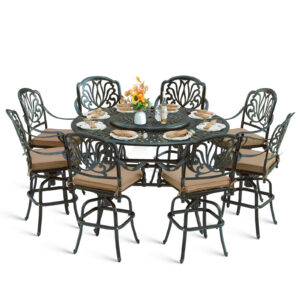 MEETWARM 10-Piece Outdoor Bar Set, All Weather Cast Aluminum Patio Bar Furniture with 8 Cushioned Swivel Bar Stools, Large 61″ Round Patio Bar Height Table with Detachable Lazy Susan, Umbrella Hole