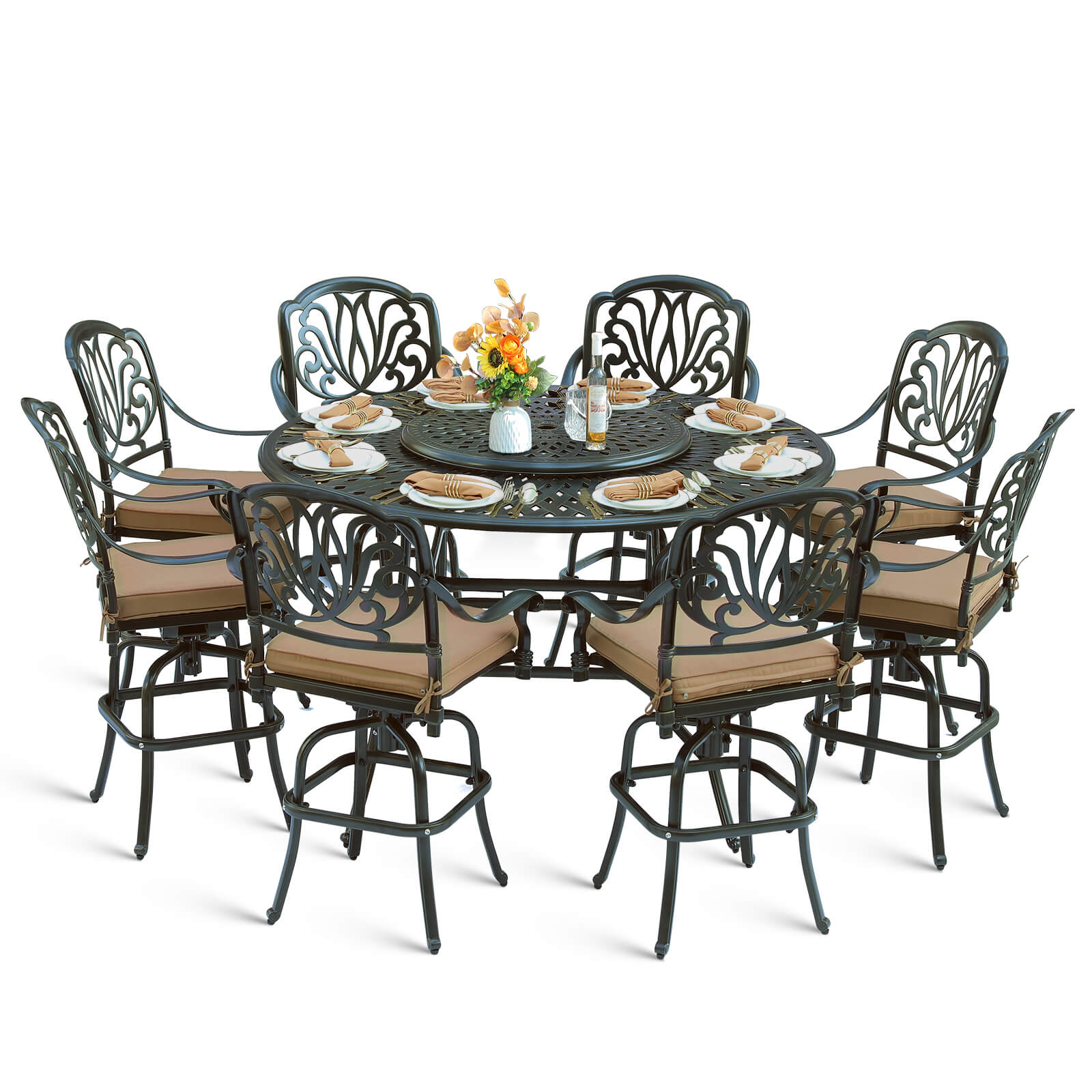 MEETWARM 10-Piece Outdoor Bar Set, All Weather Cast Aluminum Patio Bar Furniture with 8 Cushioned Swivel Bar Stools, Large 61" Round Patio Bar Height Table with Detachable Lazy Susan, Umbrella Hole - Image 1