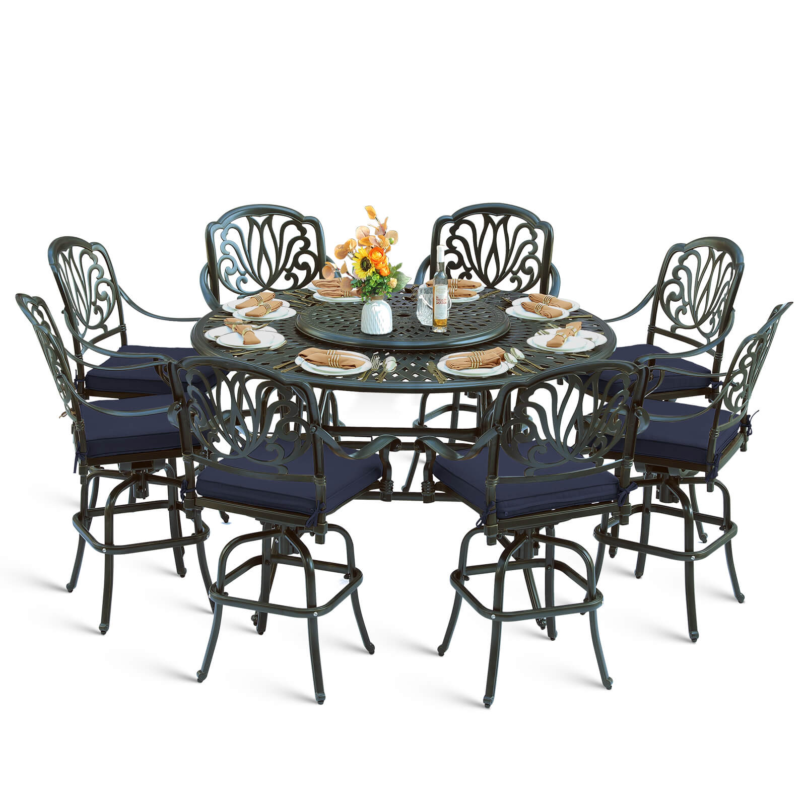 MEETWARM 10-Piece Outdoor Bar Set, All Weather Cast Aluminum Patio Bar Furniture with 8 Cushioned Swivel Bar Stools, Large 61" Round Patio Bar Height Table with Detachable Lazy Susan, Umbrella Hole - Image 3