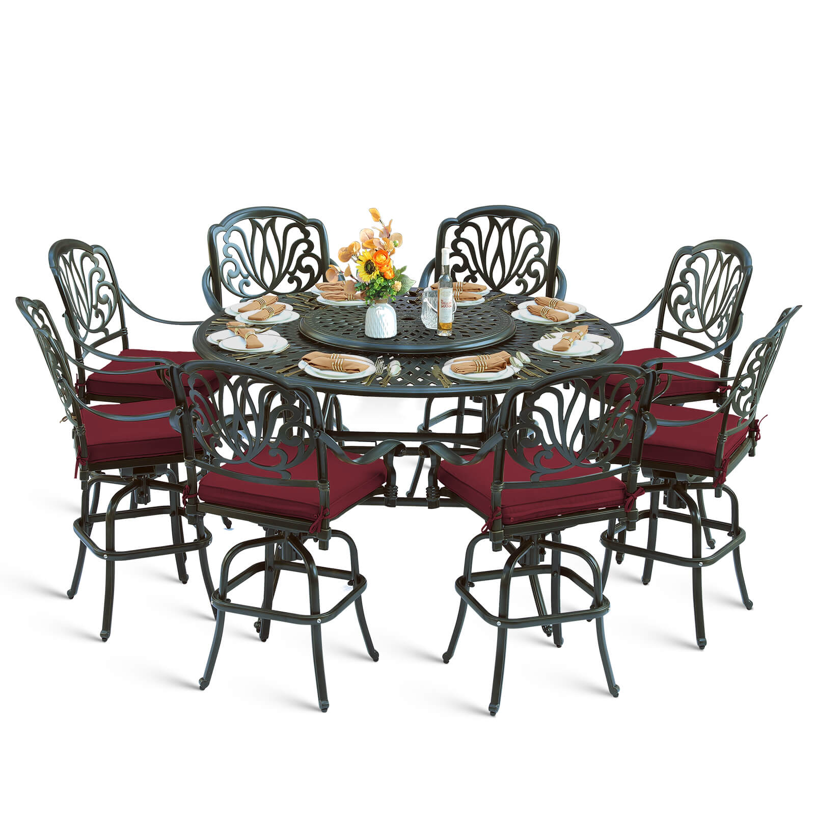 MEETWARM 10-Piece Outdoor Bar Set, All Weather Cast Aluminum Patio Bar Furniture with 8 Cushioned Swivel Bar Stools, Large 61" Round Patio Bar Height Table with Detachable Lazy Susan, Umbrella Hole - Image 2