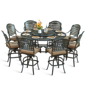 MEETWARM 10-Piece Outdoor Bar Set, All Weather Cast Aluminum Patio Bar Furniture with 8 Cushioned Swivel Bar Stools, Large 61″ Round Patio Bar Height Table with Detachable Lazy Susan, Umbrella Hole