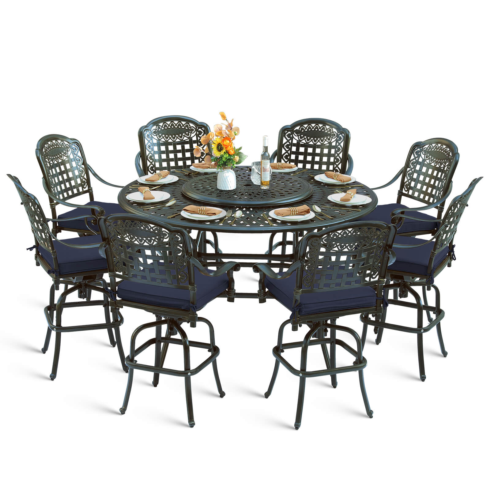 MEETWARM 10-Piece Outdoor Bar Set, All Weather Cast Aluminum Patio Bar Furniture with 8 Cushioned Swivel Bar Stools, Large 61" Round Patio Bar Height Table with Detachable Lazy Susan, Umbrella Hole - Image 2