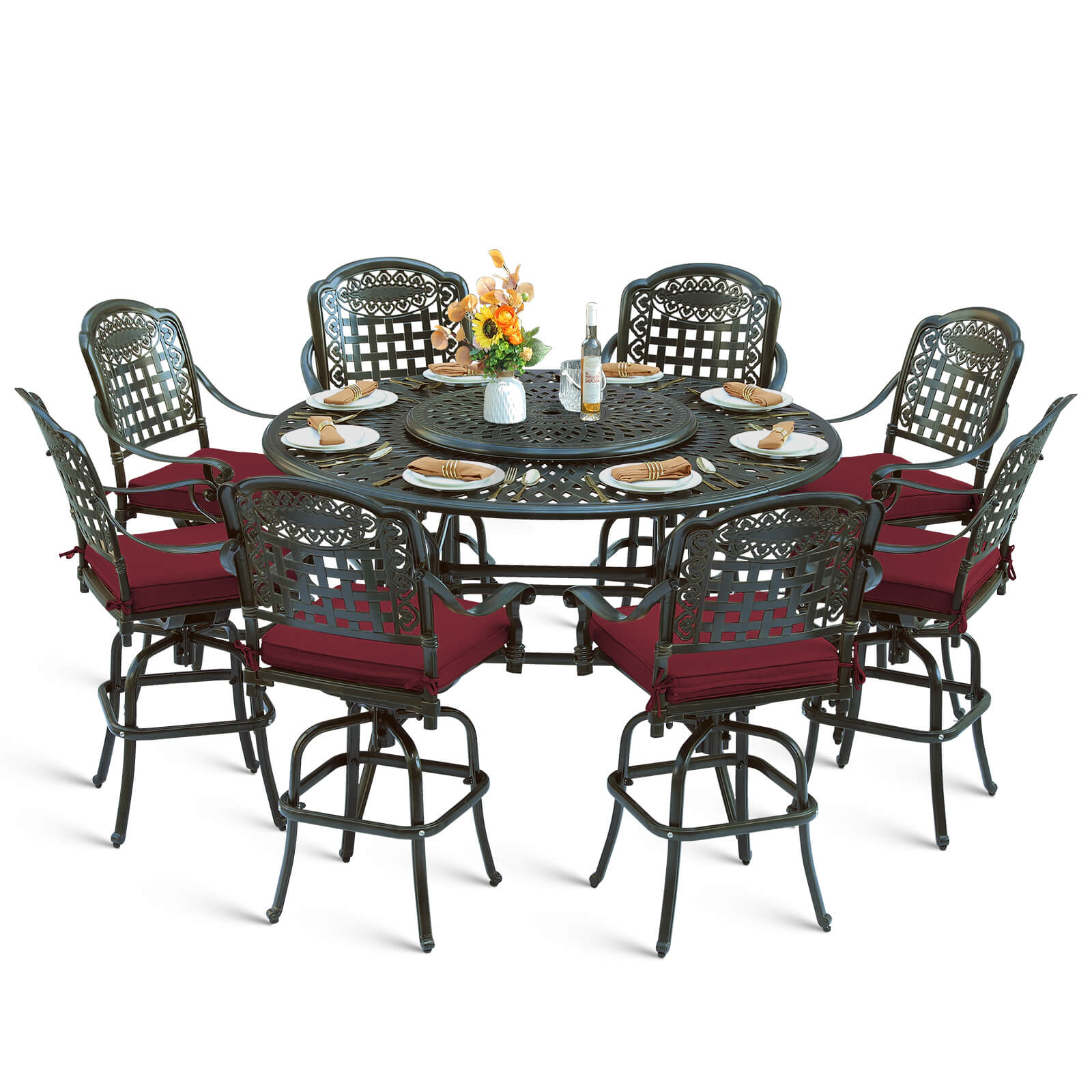 MEETWARM 10-Piece Outdoor Bar Set, All Weather Cast Aluminum Patio Bar Furniture with 8 Cushioned Swivel Bar Stools, Large 61" Round Patio Bar Height Table with Detachable Lazy Susan, Umbrella Hole - Image 3