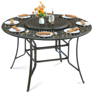 MEETWARM 61″ Outdoor High Bar Dining Table for 8 Person, All Weather Cast Aluminum Large Round High Top Dining Table with Lazy Susan, Patio Bar Height Table for Garden Backyard, 2″ Umbrella Hole