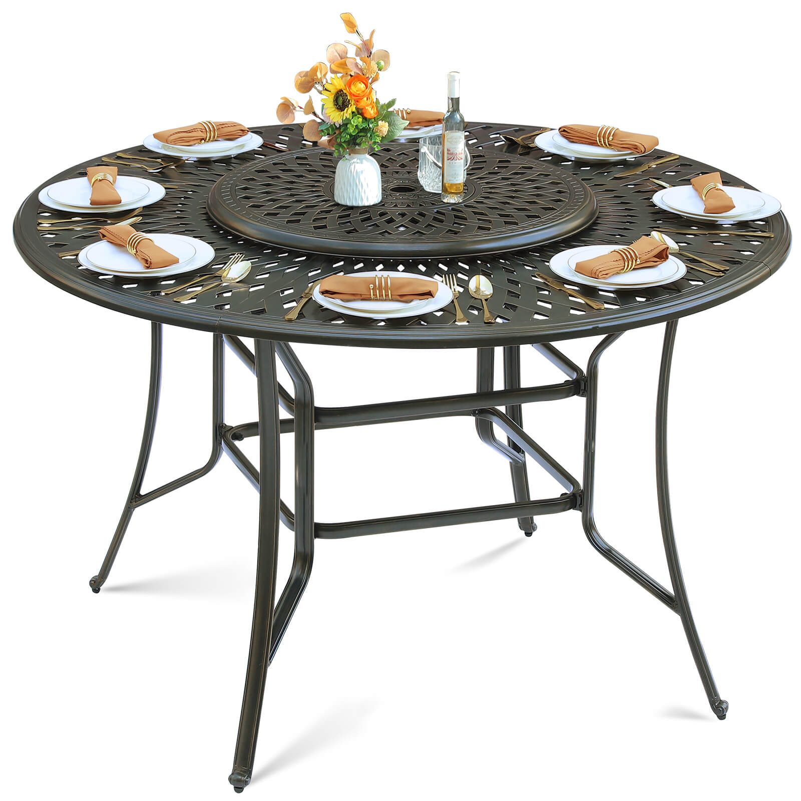 MEETWARM 61" Outdoor High Bar Dining Table for 8 Person, All Weather Cast Aluminum Large Round High Top Dining Table with Lazy Susan, Patio Bar Height Table for Garden Backyard, 2" Umbrella Hole - Image 1