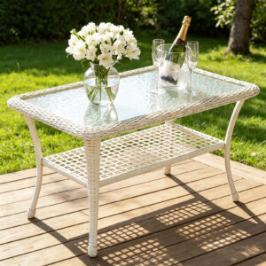 MEETWARM Wicker Patio Coffee Table, 34.5" Rectangle Outdoor Coffee Table with Tempered Glass Top and 2-Tier Storage Shelf, All-Weather Rattan Patio Side Table for Outside Poolside Deck Garden