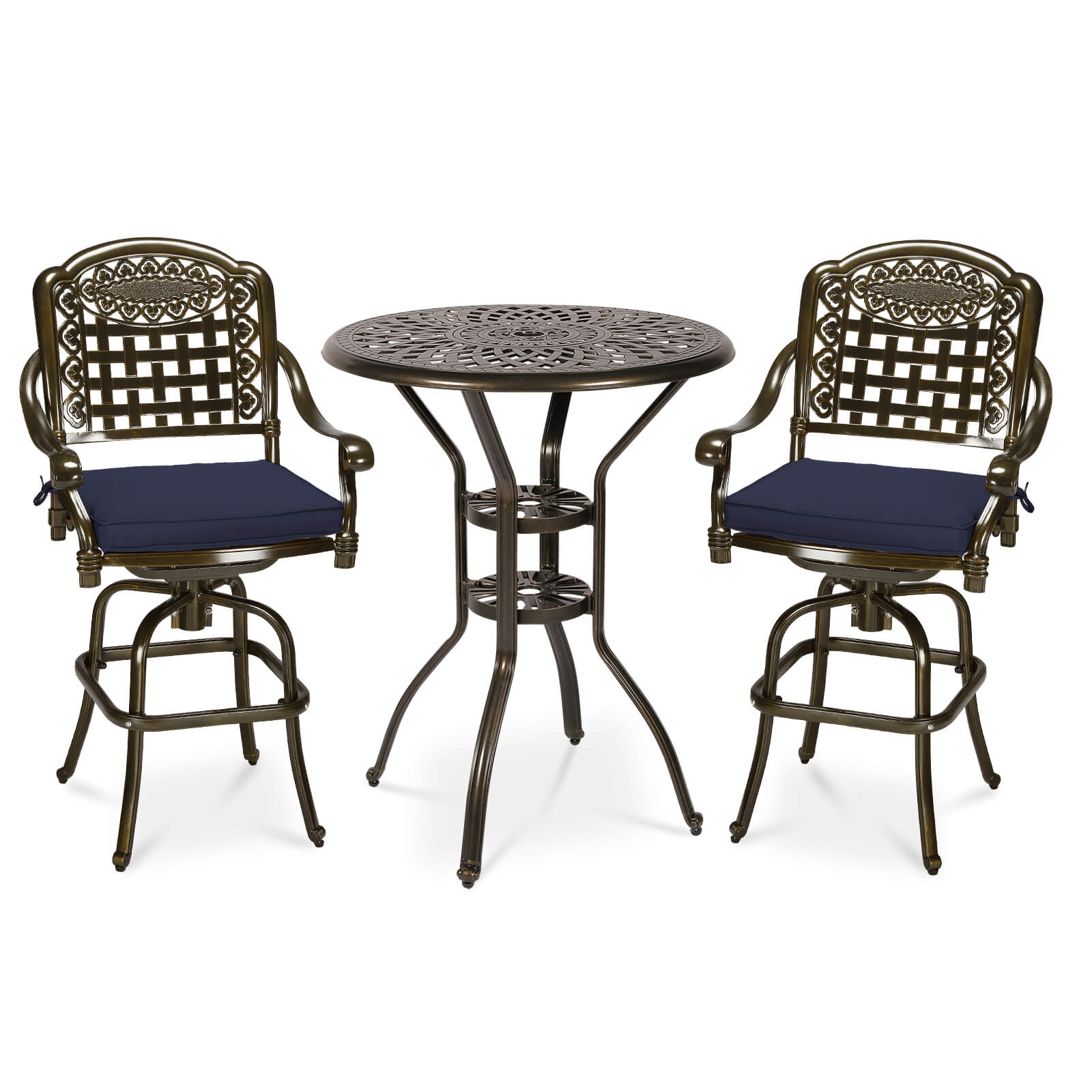 MEETWARM 3-Piece Patio Swivel Bar Set, All-Weather Cast Aluminum Outdoor High Bar Stool Bistro Set For Backyard Garden Deck W/2 Cushions Bar Chairs With Footrest And 31" Bar Table, 2" Umbrella Hole - Image 1