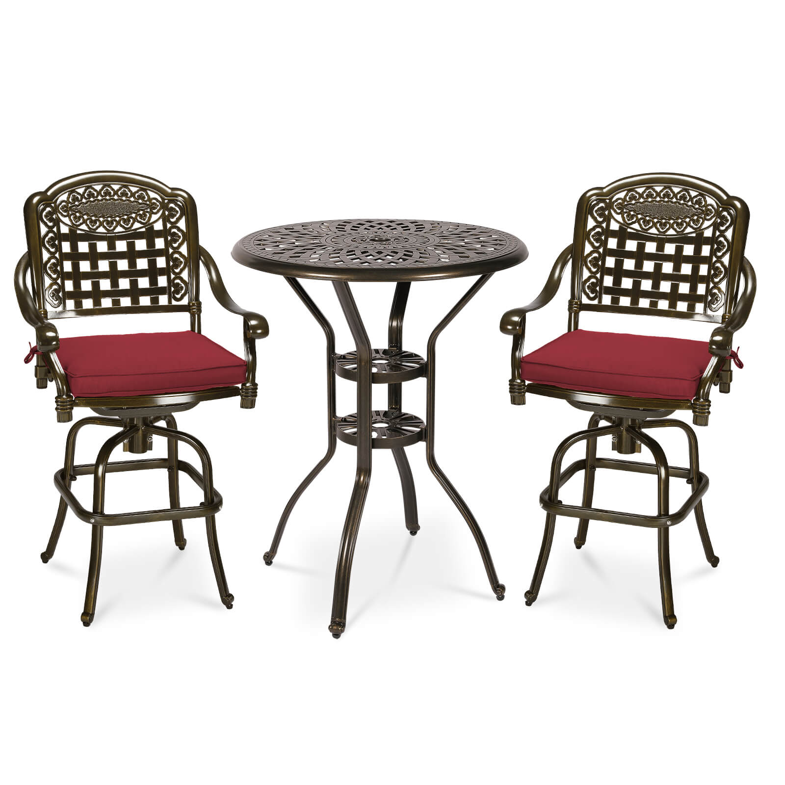 MEETWARM 3-Piece Patio Swivel Bar Set, All-Weather Cast Aluminum Outdoor High Bar Stool Bistro Set For Backyard Garden Deck W/2 Cushions Bar Chairs With Footrest And 31" Bar Table, 2" Umbrella Hole - Image 2