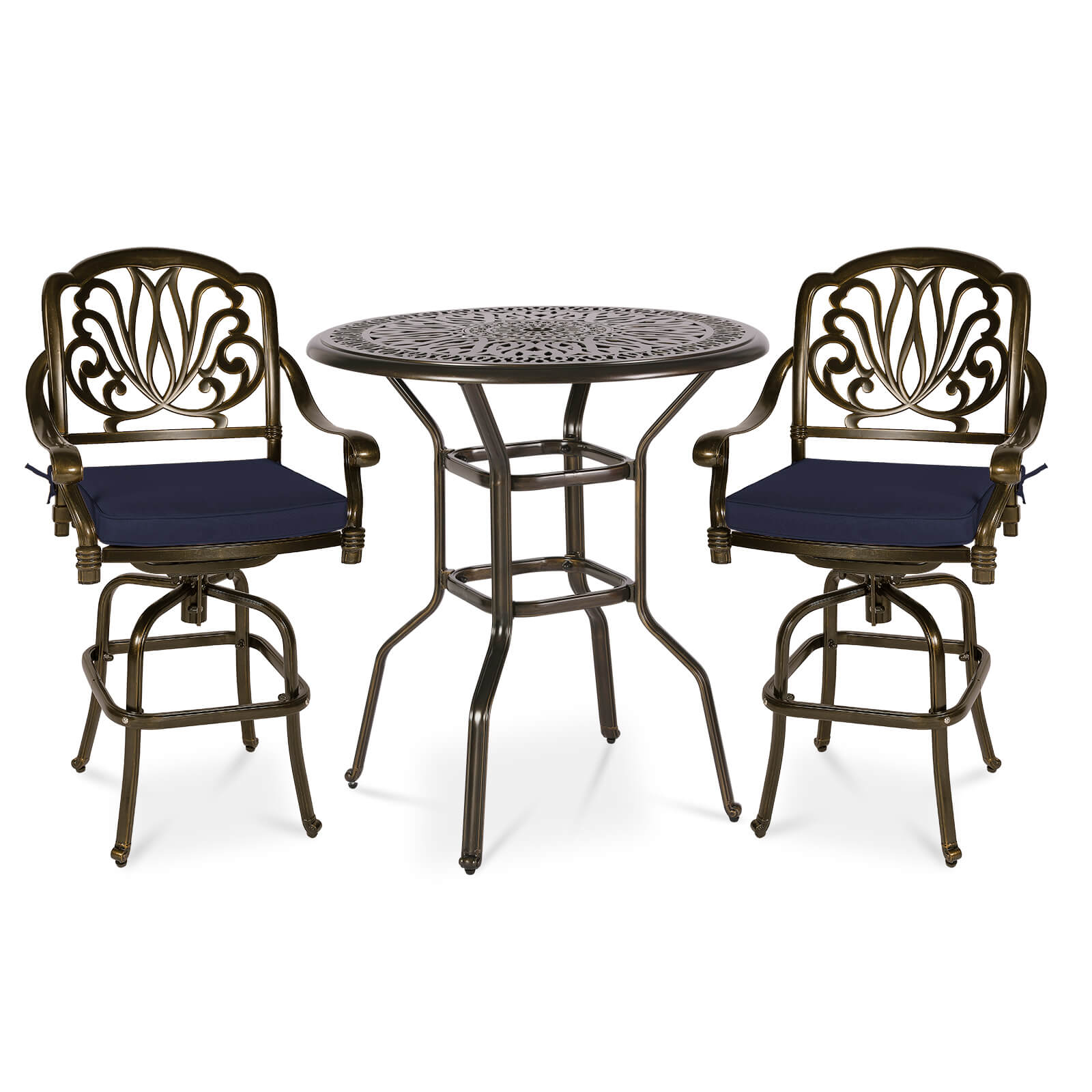 MEETWARM 3-Piece Patio Swivel Bar Set, All-Weather Cast Aluminum Outdoor High Bar Stool Bistro Set For Backyard Garden With 2 Cushions Bar Chairs With Footrest And 35.4" Bar Table, 2" Umbrella Hole - Image 2