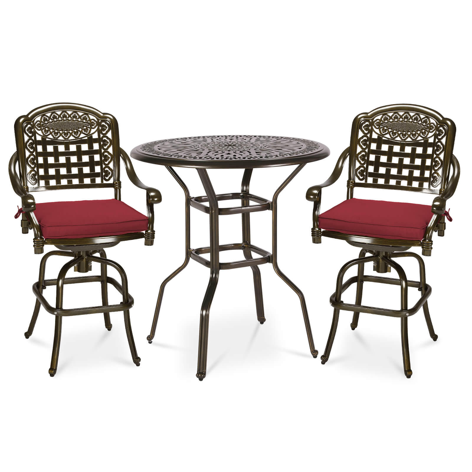 MEETWARM 3-Piece Patio Swivel Bar Set, All-Weather Cast Aluminum Outdoor High Bar Stool Bistro Set For Backyard Garden Deck W/2 Cushions Bar Chairs With Footrest And 35.4" Bar Table, 2" Umbrella Hole - Image 1
