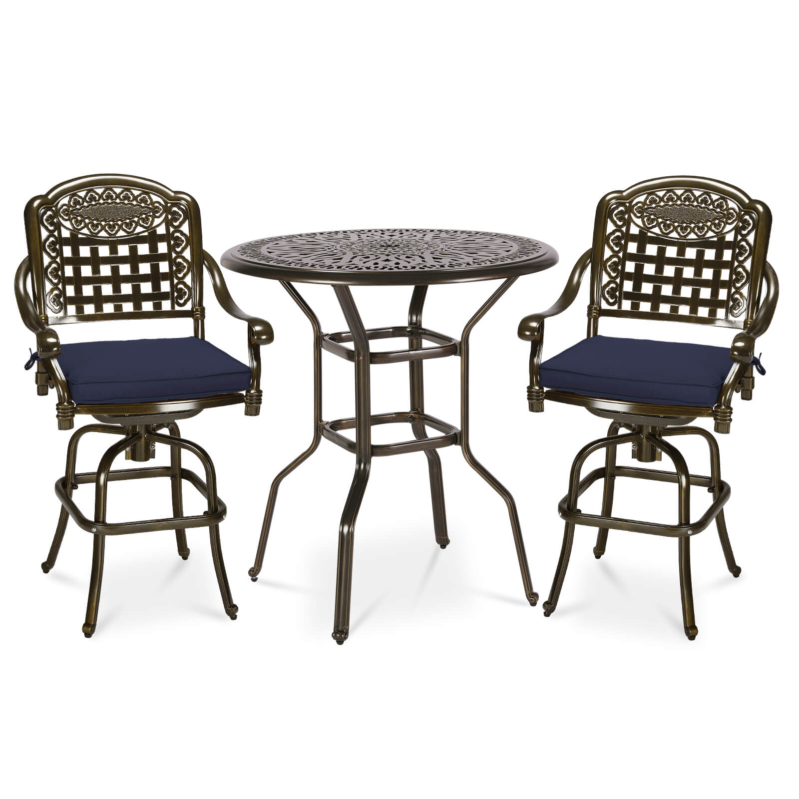 MEETWARM 3-Piece Patio Swivel Bar Set, All-Weather Cast Aluminum Outdoor High Bar Stool Bistro Set For Backyard Garden Deck W/2 Cushions Bar Chairs With Footrest And 35.4" Bar Table, 2" Umbrella Hole - Image 3