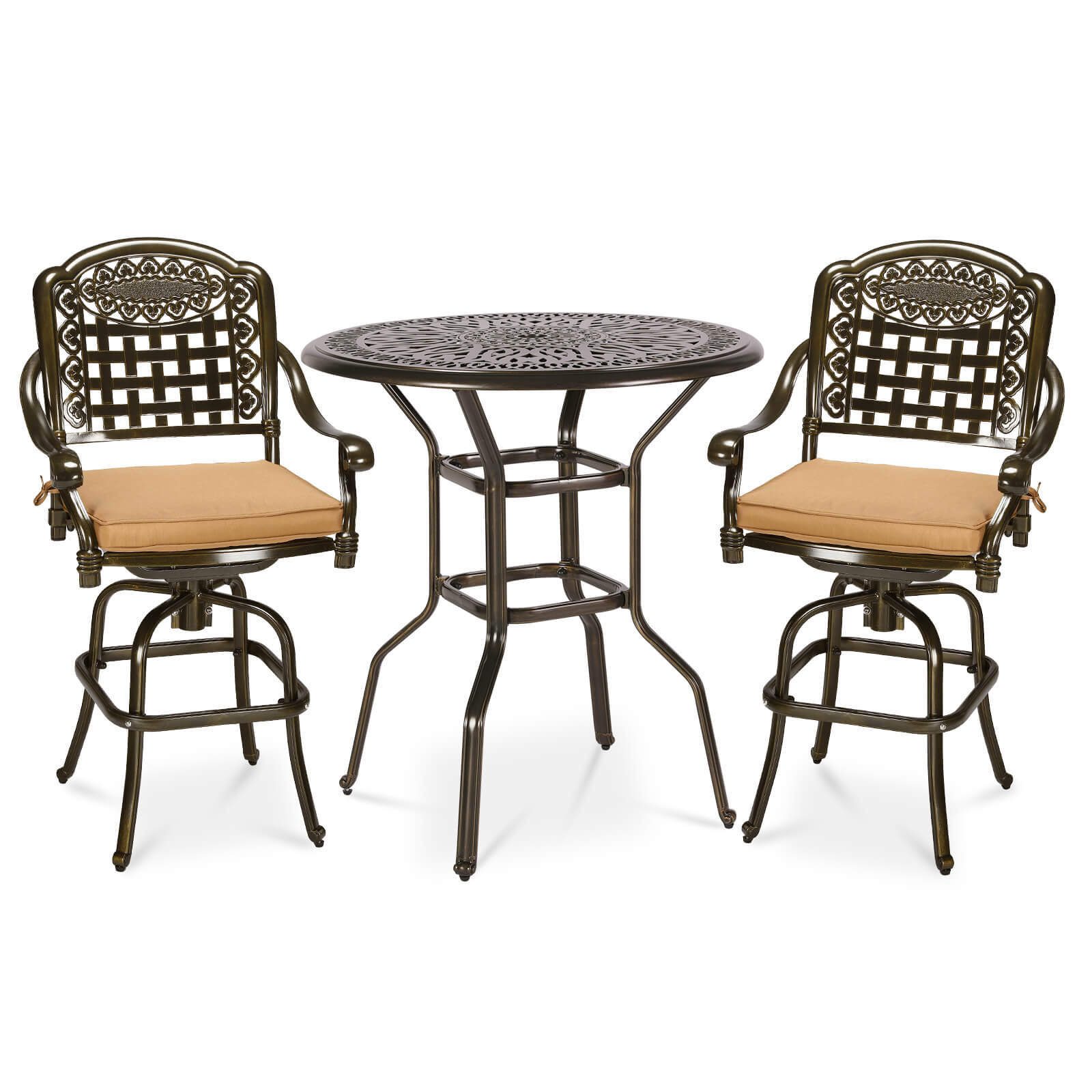 MEETWARM 3-Piece Patio Swivel Bar Set, All-Weather Cast Aluminum Outdoor High Bar Stool Bistro Set For Backyard Garden Deck W/2 Cushions Bar Chairs With Footrest And 35.4" Bar Table, 2" Umbrella Hole - Image 2