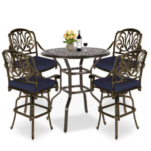 MEETWARM 5-Piece Patio Swivel Bar Set, All-Weather Cast Aluminum Outdoor High Bar Stool Bistro Set For Backyard Garden With 4 Cushions Bar Chairs With Footrest And 35.4" Bar Table, 2" Umbrella Hole