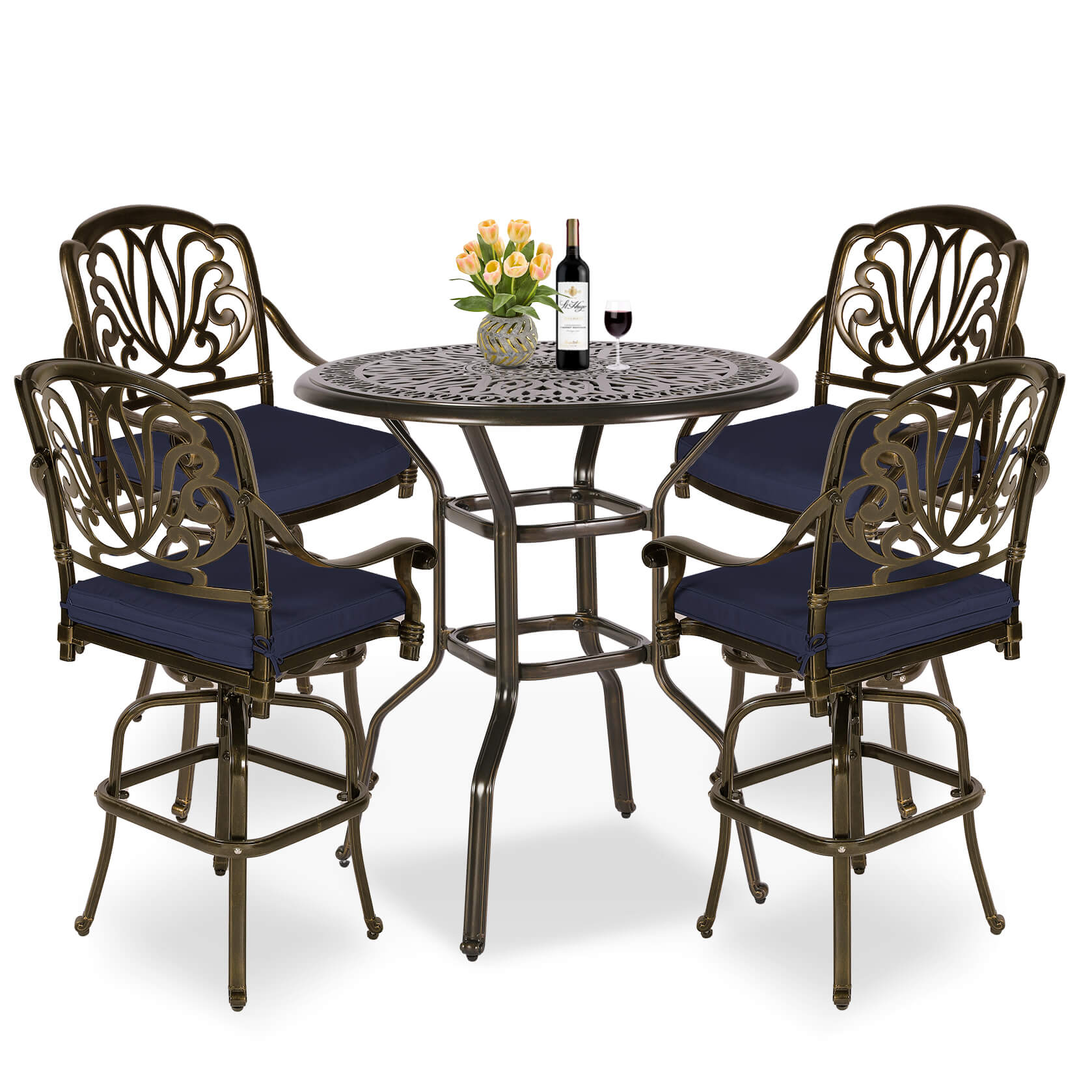 MEETWARM 5-Piece Patio Swivel Bar Set, All-Weather Cast Aluminum Outdoor High Bar Stool Bistro Set For Backyard Garden With 4 Cushions Bar Chairs With Footrest And 35.4" Bar Table, 2" Umbrella Hole - Image 1