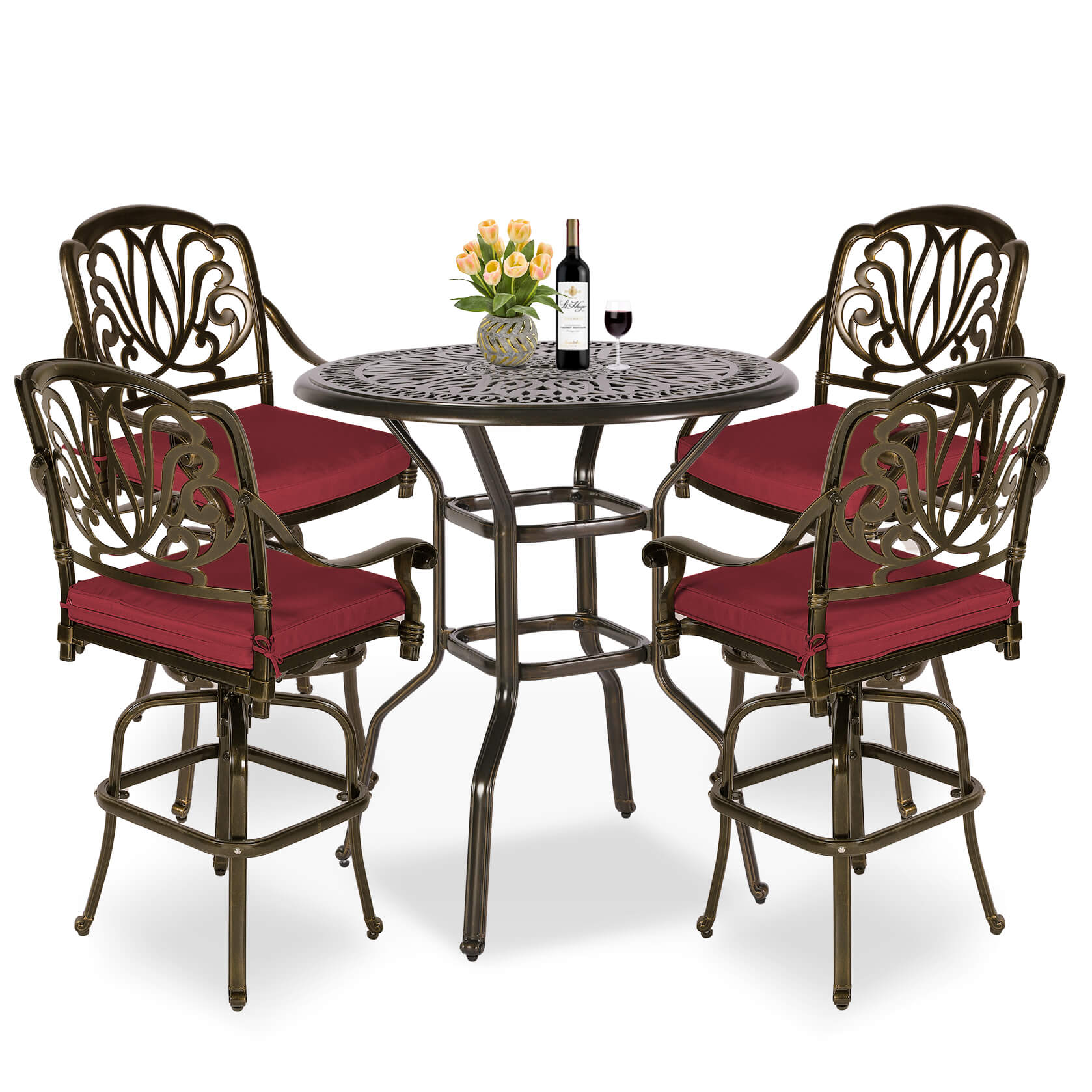 MEETWARM 5-Piece Patio Swivel Bar Set, All-Weather Cast Aluminum Outdoor High Bar Stool Bistro Set For Backyard Garden With 4 Cushions Bar Chairs With Footrest And 35.4" Bar Table, 2" Umbrella Hole - Image 3