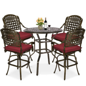 MEETWARM 5-Piece Patio Swivel Bar Set, All-Weather Cast Aluminum Outdoor High Bar Stool Bistro Set for Backyard Garden w/4 Cushions Bar Chairs with Footrest and 35.4" Bar Table, 2" Umbrella Hole