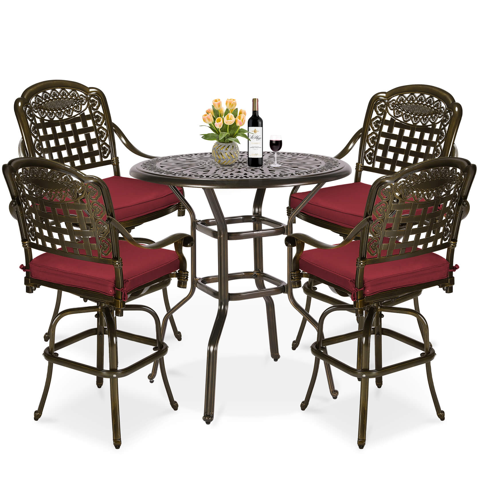 MEETWARM 5-Piece Patio Swivel Bar Set, All-Weather Cast Aluminum Outdoor High Bar Stool Bistro Set for Backyard Garden w/4 Cushions Bar Chairs with Footrest and 35.4" Bar Table, 2" Umbrella Hole - Image 1