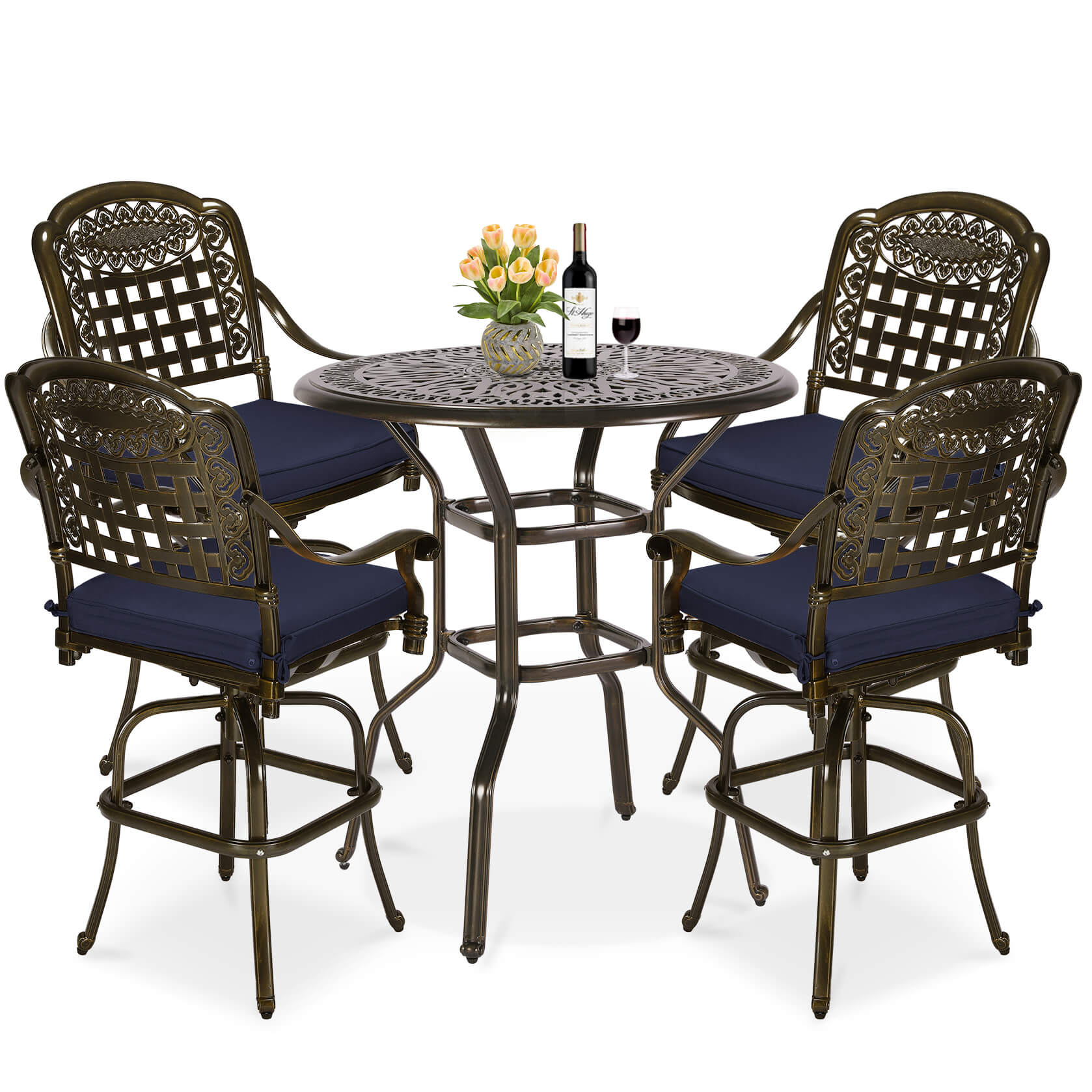 MEETWARM 5-Piece Patio Swivel Bar Set, All-Weather Cast Aluminum Outdoor High Bar Stool Bistro Set for Backyard Garden w/4 Cushions Bar Chairs with Footrest and 35.4" Bar Table, 2" Umbrella Hole - Image 2