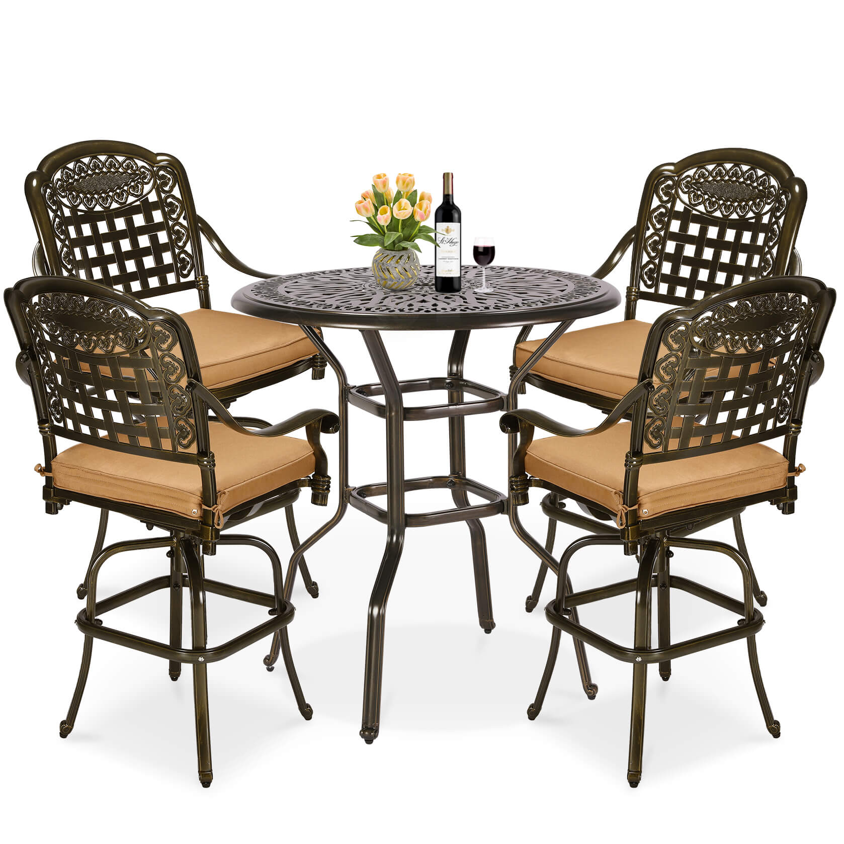MEETWARM 5-Piece Patio Swivel Bar Set, All-Weather Cast Aluminum Outdoor High Bar Stool Bistro Set for Backyard Garden w/4 Cushions Bar Chairs with Footrest and 35.4" Bar Table, 2" Umbrella Hole - Image 3