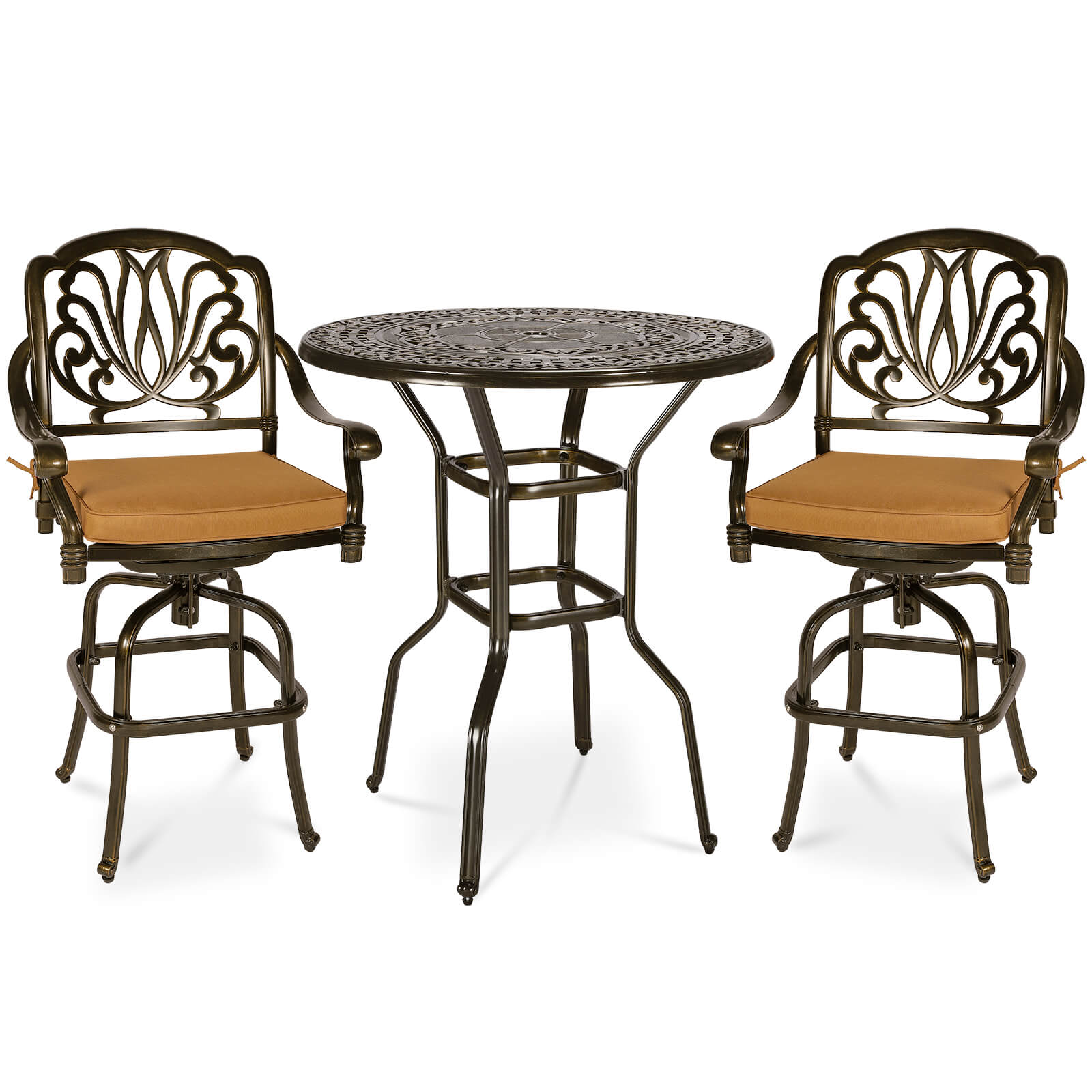 MEETWARM 3-Piece Patio Swivel Bar Set, All-Weather Cast Aluminum Outdoor High Bar Stool Bistro Set For Backyard Garden W/2 Cushions Bar Chairs With Footrest And 38.5" Bar Table, 2" Umbrella Hole - Image 3