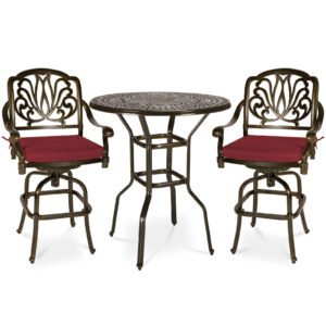 MEETWARM 3-Piece Patio Swivel Bar Set, All-Weather Cast Aluminum Outdoor High Bar Stool Bistro Set For Backyard Garden W/2 Cushions Bar Chairs With Footrest And 38.5" Bar Table, 2" Umbrella Hole