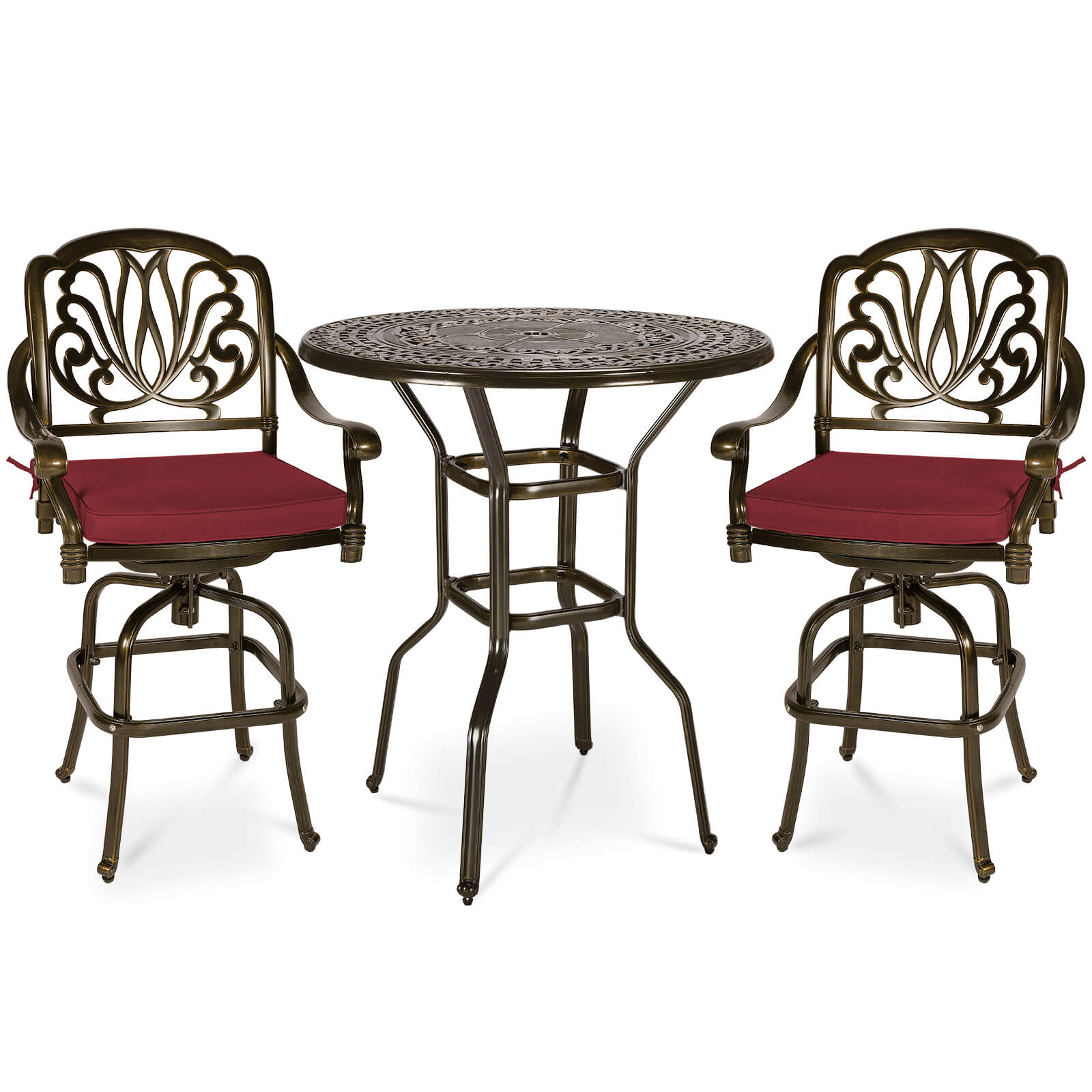 MEETWARM 3-Piece Patio Swivel Bar Set, All-Weather Cast Aluminum Outdoor High Bar Stool Bistro Set For Backyard Garden W/2 Cushions Bar Chairs With Footrest And 38.5" Bar Table, 2" Umbrella Hole - Image 1