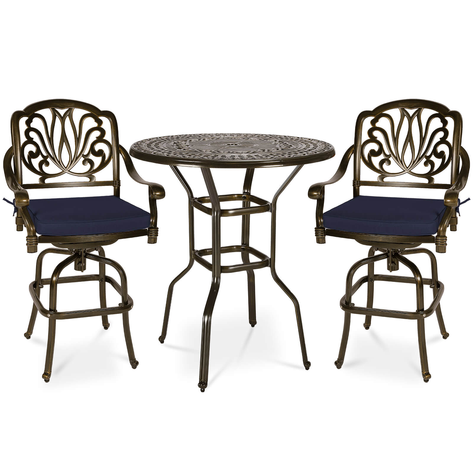 MEETWARM 3-Piece Patio Swivel Bar Set, All-Weather Cast Aluminum Outdoor High Bar Stool Bistro Set For Backyard Garden W/2 Cushions Bar Chairs With Footrest And 38.5" Bar Table, 2" Umbrella Hole - Image 2