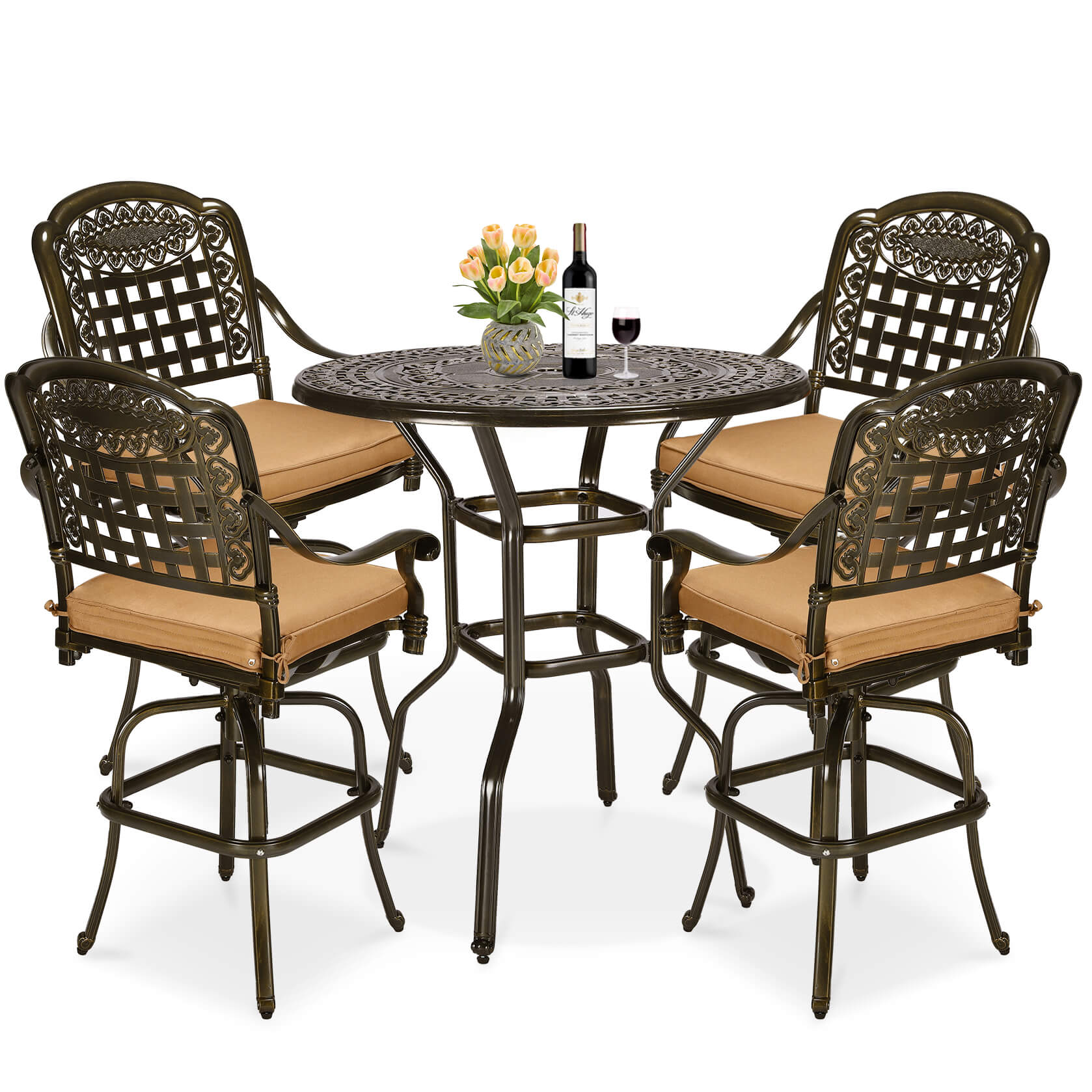 MEETWARM 5-Piece Patio Swivel Bar Set, All-Weather Cast Aluminum Outdoor High Bar Stool Bistro Set For Backyard Garden W/4 Cushions Bar Chairs With Footrest And 38.5" Bar Table, 2" Umbrella Hole - Image 3