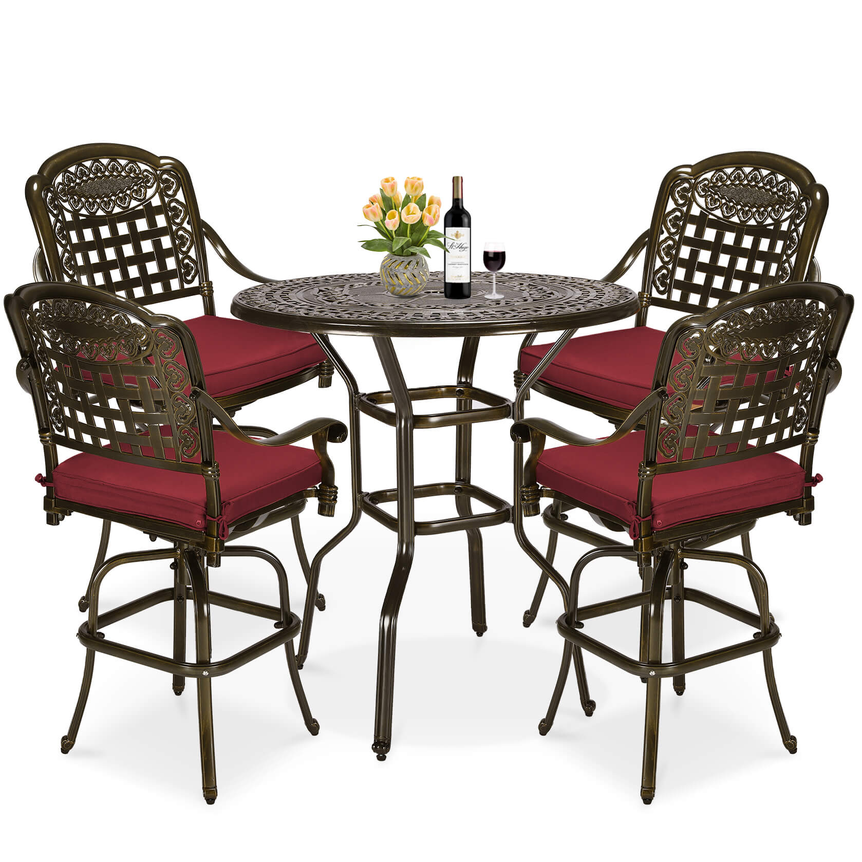 MEETWARM 5-Piece Patio Swivel Bar Set, All-Weather Cast Aluminum Outdoor High Bar Stool Bistro Set For Backyard Garden W/4 Cushions Bar Chairs With Footrest And 38.5" Bar Table, 2" Umbrella Hole - Image 2