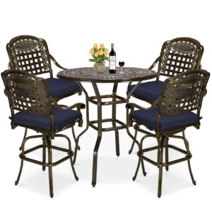 MEETWARM 5-Piece Patio Swivel Bar Set, All-Weather Cast Aluminum Outdoor High Bar Stool Bistro Set For Backyard Garden W/4 Cushions Bar Chairs With Footrest And 38.5" Bar Table, 2" Umbrella Hole