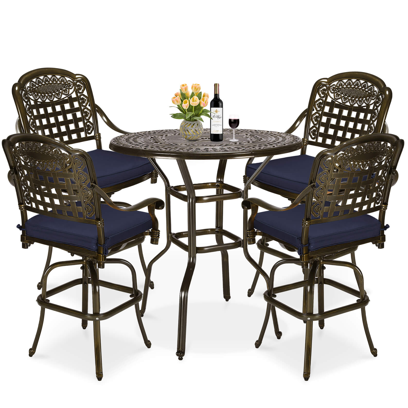 MEETWARM 5-Piece Patio Swivel Bar Set, All-Weather Cast Aluminum Outdoor High Bar Stool Bistro Set For Backyard Garden W/4 Cushions Bar Chairs With Footrest And 38.5" Bar Table, 2" Umbrella Hole - Image 1