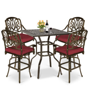 MEETWARM 5-Piece Patio Swivel Bar Set, All-Weather Cast Aluminum Outdoor High Bar Stool Bistro Set for Backyard Garden with 4 Cushions Bar Chairs with Footrest and 35.4" Bar Table, 2.2" Umbrella Hole