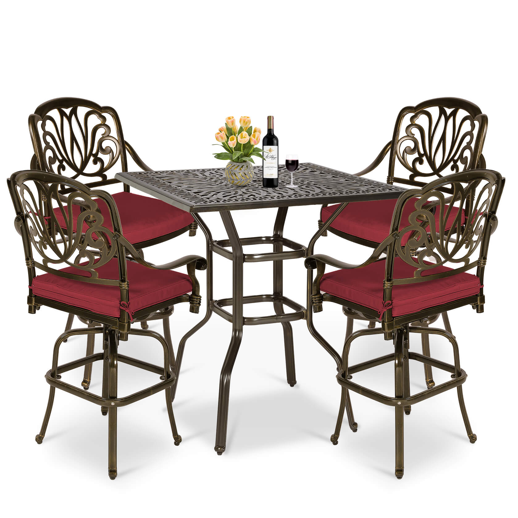 MEETWARM 5-Piece Patio Swivel Bar Set, All-Weather Cast Aluminum Outdoor High Bar Stool Bistro Set for Backyard Garden with 4 Cushions Bar Chairs with Footrest and 35.4" Bar Table, 2.2" Umbrella Hole - Image 1