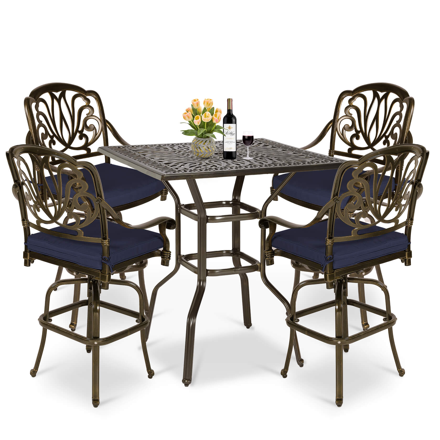 MEETWARM 5-Piece Patio Swivel Bar Set, All-Weather Cast Aluminum Outdoor High Bar Stool Bistro Set for Backyard Garden with 4 Cushions Bar Chairs with Footrest and 35.4" Bar Table, 2.2" Umbrella Hole - Image 2