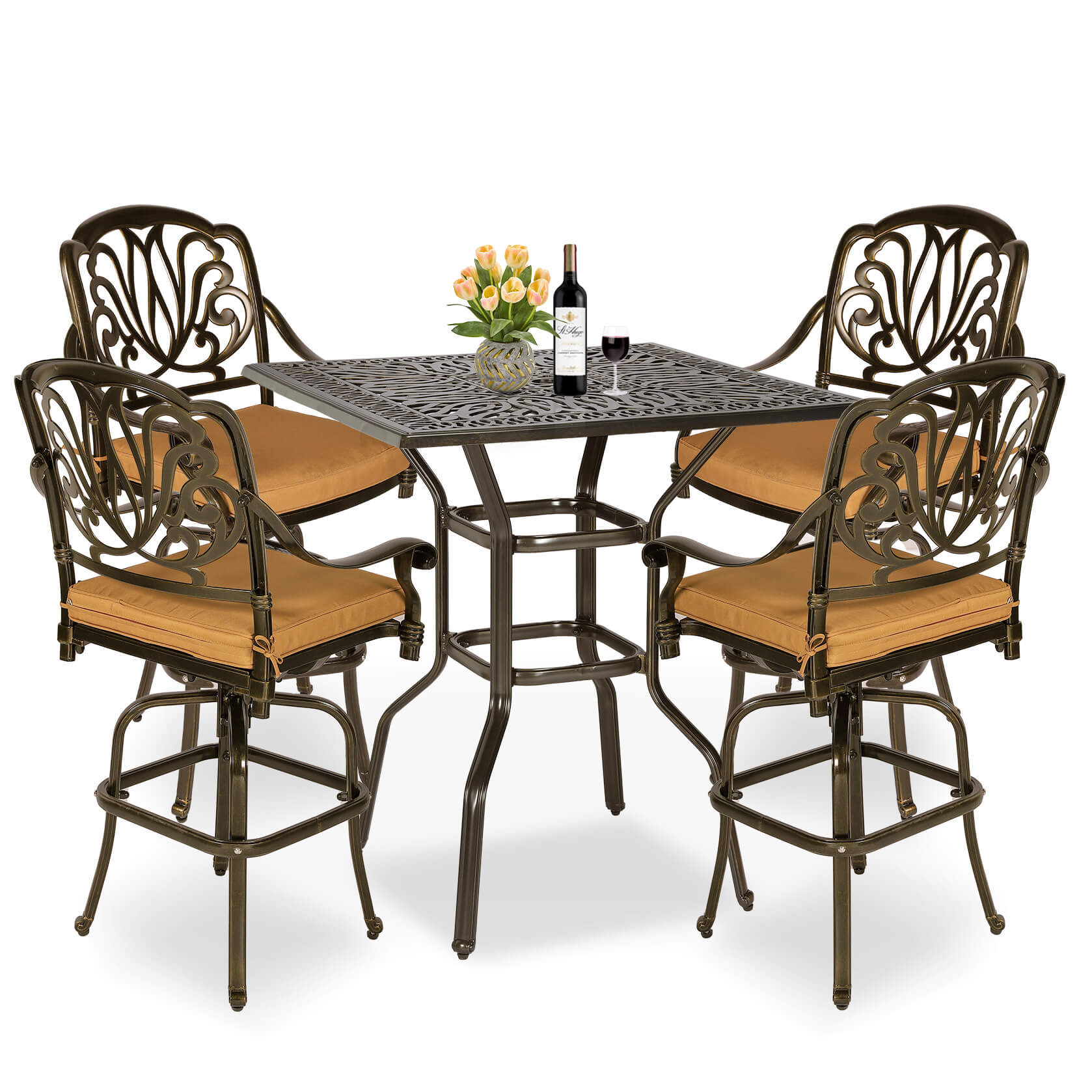 MEETWARM 5-Piece Patio Swivel Bar Set, All-Weather Cast Aluminum Outdoor High Bar Stool Bistro Set for Backyard Garden with 4 Cushions Bar Chairs with Footrest and 35.4" Bar Table, 2.2" Umbrella Hole - Image 3