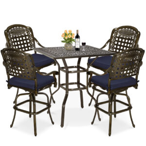MEETWARM 5-Piece Patio Swivel Bar Set, All-Weather Cast Aluminum Outdoor High Bar Stool Bistro Set for Backyard Garden w/ 4 Cushions Bar Chairs with Footrest and 35.4" Bar Table, 2.2" Umbrella Hole