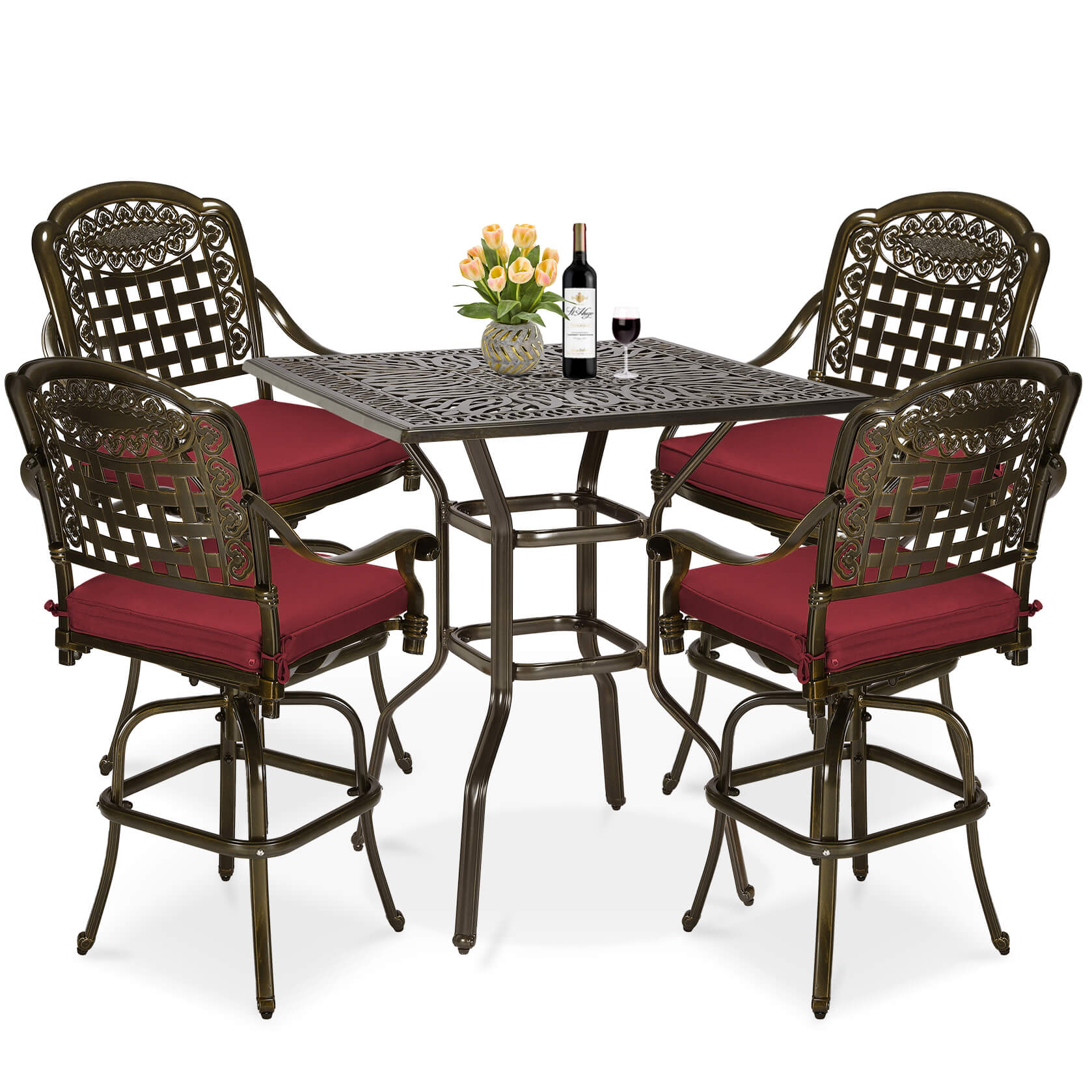MEETWARM 5-Piece Patio Swivel Bar Set, All-Weather Cast Aluminum Outdoor High Bar Stool Bistro Set for Backyard Garden w/ 4 Cushions Bar Chairs with Footrest and 35.4" Bar Table, 2.2" Umbrella Hole - Image 2