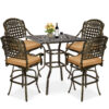 MEETWARM 5-Piece Patio Swivel Bar Set, All-Weather Cast Aluminum Outdoor High Bar Stool Bistro Set for Backyard Garden w/ 4 Cushions Bar Chairs with Footrest and 35.4" Bar Table, 2.2" Umbrella Hole - Thumbnail Image 3