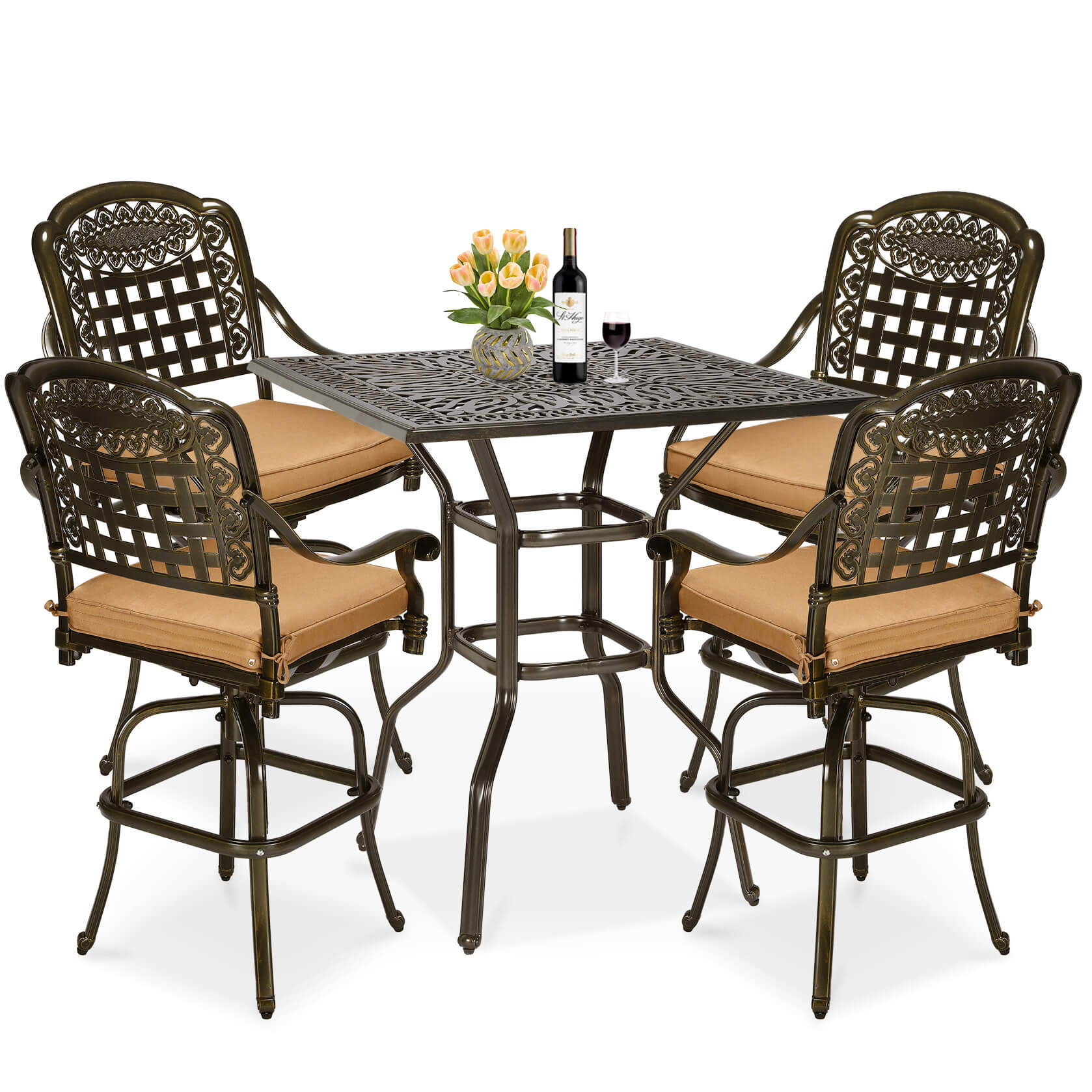 MEETWARM 5-Piece Patio Swivel Bar Set, All-Weather Cast Aluminum Outdoor High Bar Stool Bistro Set for Backyard Garden w/ 4 Cushions Bar Chairs with Footrest and 35.4" Bar Table, 2.2" Umbrella Hole - Image 3
