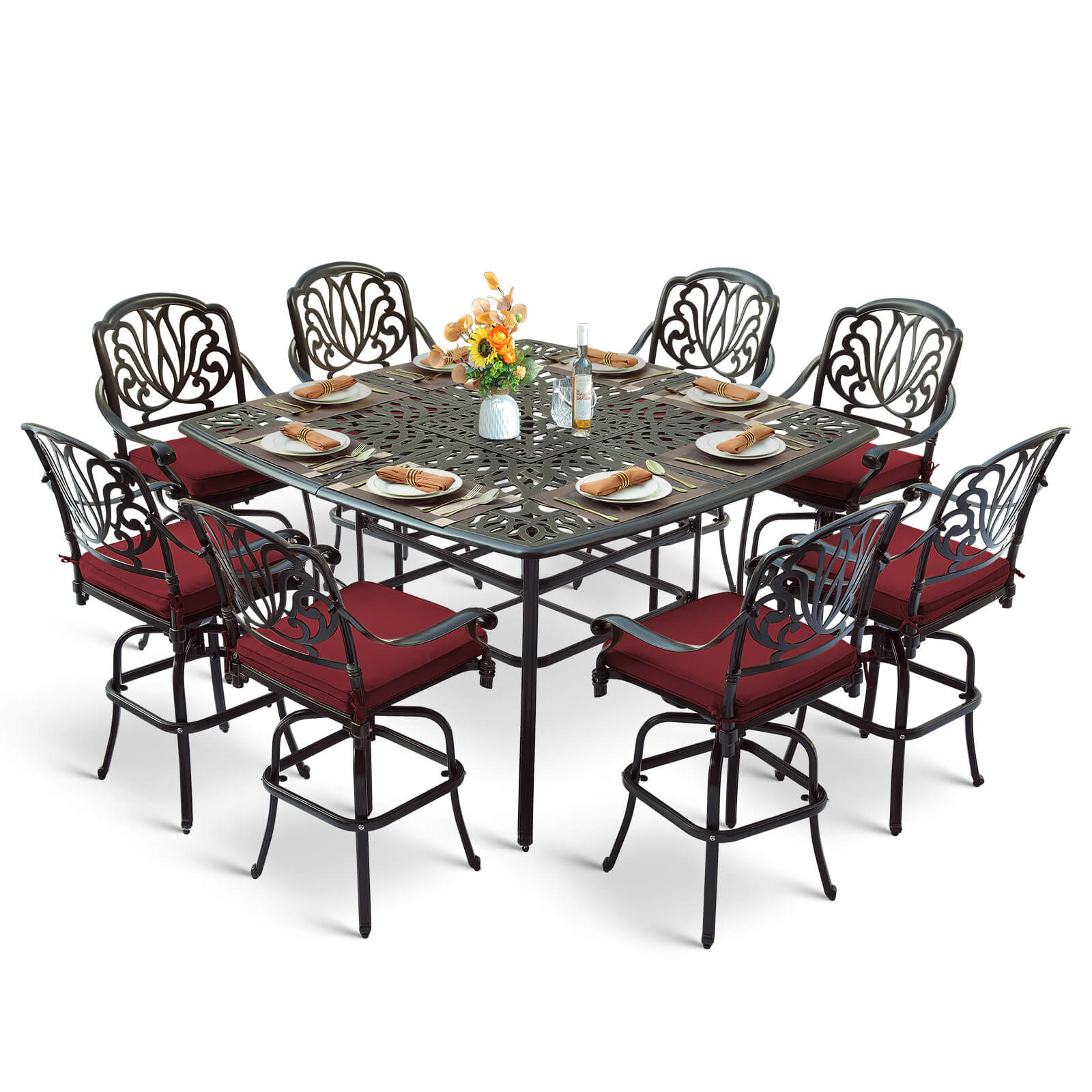 MEETWARM 9-Piece Outdoor Patio Swivel Bar Set, All Weather Cast Aluminum High Top Patio Bar Furniture with 8 Cushioned Swivel Bar Stools, Large 64" Square Patio Bar Height Table, 2.2" Umbrella Hole - Image 1