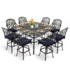MEETWARM 9-Piece Outdoor Patio Swivel Bar Set, All Weather Cast Aluminum High Top Patio Bar Furniture with 8 Cushioned Swivel Bar Stools, Large 64" Square Patio Bar Height Table, 2.2" Umbrella Hole - Thumbnail Image 2